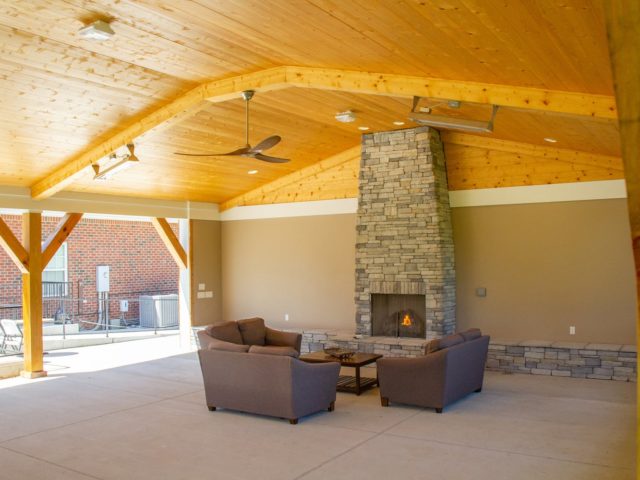 Patio with fireplace at men's drug and alcohol rehab center in Nashville, TN.