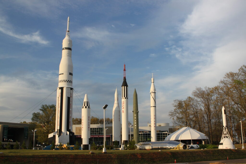 Some of the rockets in the U.S. Space & Rocket Center. From left to right: Saturn I, Jupiter IRBM, Juno II, Mercury-Redstone, Redstone, and Jupiter-C